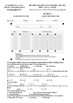 Đề kiểm tra học kỳ 2 Vật lí 10 Trung tâm GDNN Hiệp Hòa 2022-2023 có đáp án