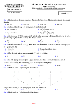 Đề Thi KSCL Toán 12 Năm 2022 Trường THPT Trần Phú Lần 2 Có Đáp Án