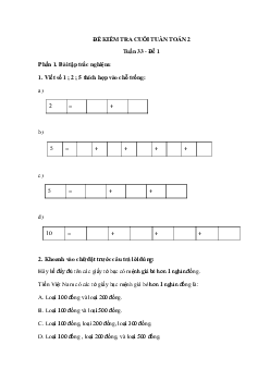 Đề kiểm tra cuối tuần Toán lớp 2: Tuần 33 - Đề 1 | Kết nối tri thức