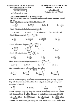Đề thi giữa học kỳ 2 Toán 8 năm 2023 – 2024 trường THCS Mai Lâm – Thanh Hóa