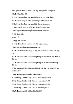 Trắc nghiệm Địa Lý 10 bài 16: Sông. Thủy triều. Dòng biển ( có đáp án)