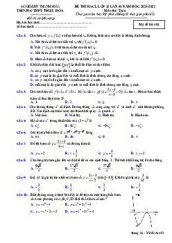 Đề thi KSCL Toán 12 lần 1 năm 2021 – 2022 trường THPT Thiệu Hóa – Thanh Hóa