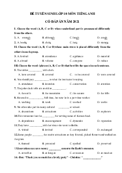 Đề thi thử tiếng Anh vào 10 TP. Hồ Chí Minh năm 2021 -2022 số 2