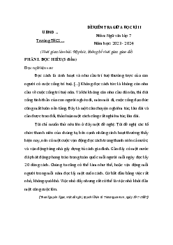 Đề thi giữa kì 2 Văn 7 Chân trời sáng tạo (Đề thi, Hướng dẫn chấm) - đề 2