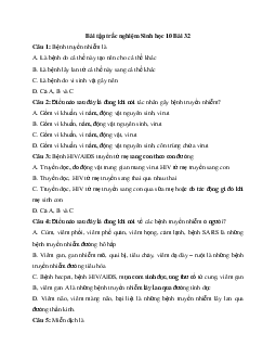 Trắc nghiệm Sinh học 10 bài 32: Bệnh truyền nhiễm và miễn dịch | Kết nối tri thức