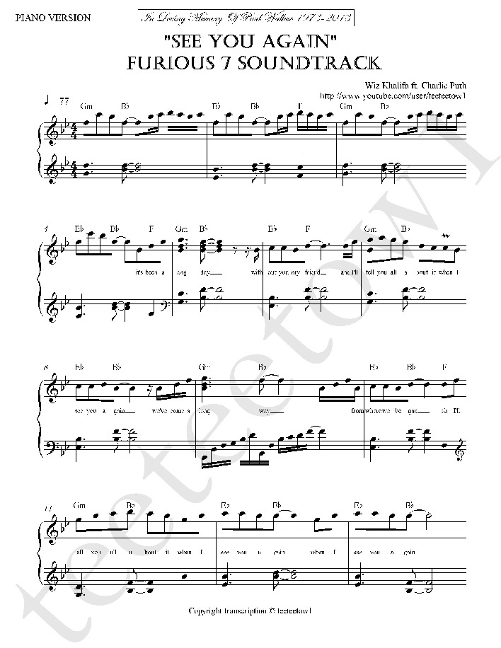 See You Again Wiz Khalifa Furious 7 Soundtrack Piano - Tài liệu tổng hợp