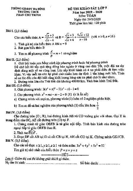 Đề khảo sát Toán 9 năm 2019 – 2020 trường THCS Phan Chu Trinh – Hà Nội