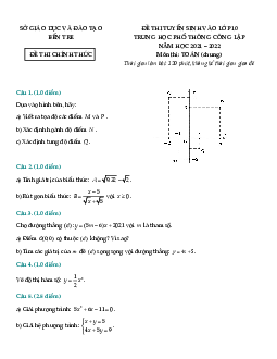 Đề tuyển sinh lớp 10 môn Toán (chung) năm 2021 – 2022 sở GD&ĐT Bến Tre