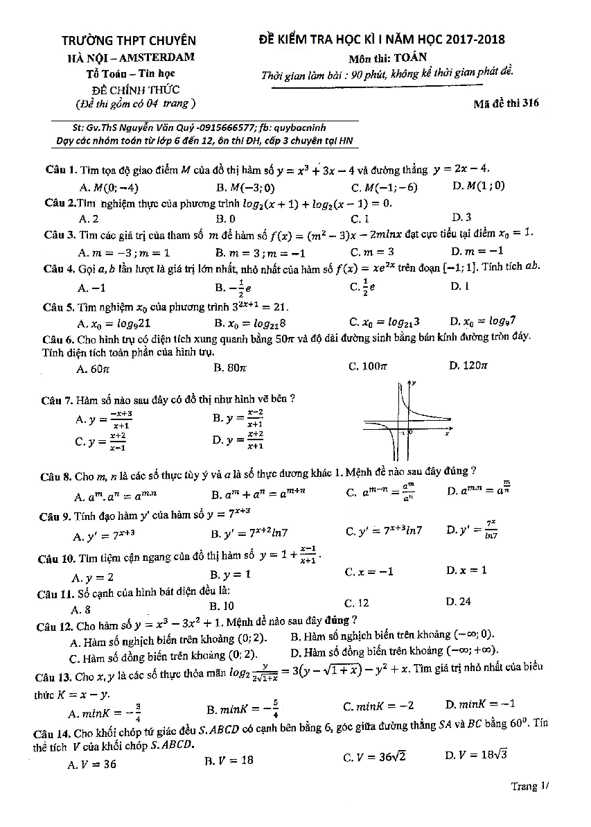 Đề kiểm tra học kỳ 1 Toán 12 năm học 2017 – 2018 trường THPT chuyên Hà Nội – Amsterdam