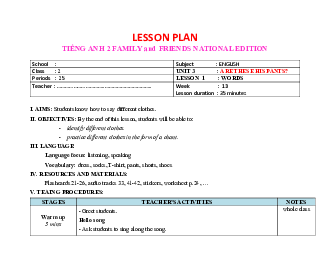 Unit 3: Giáo án Tiếng Anh 2 sách Chân trời sáng tạo (Cả năm)