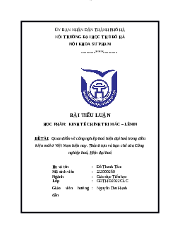 Tiểu luận đề tài: Quan điểm về công nghiệp hóa hiện đại hóa trong điều kiện mới ở Việt Nam hiện nay. Thành tựu và hạn chế của Công nghiệp hóa, hiện đại hóa | Trường Đại Học Thủ Đô Hà Nội