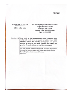 Đề thi Speaking môn Tiếng Anh Kỳ thi chọn HSG Quốc gia THPT năm 2021-2022
