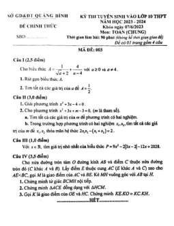 Đề tuyển sinh lớp 10 môn Toán (chung) năm 2023 – 2024 sở GD&ĐT Quảng Bình