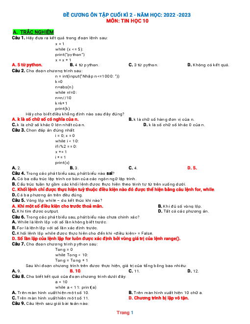 Đề cương ôn tập học kỳ 2 Tin 10 năm 2022-2023 (có đáp án)