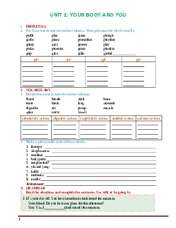 Bài tập Tiếng Anh 10 sách thí điểm bài 2: Your Body And You (có đáp án)