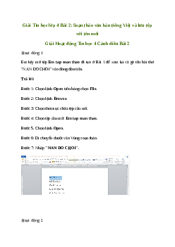 Giải Tin học lớp 4 Bài 2: Soạn thảo văn bản tiếng Việt và lưu tệp với tên mới |Cánh diều