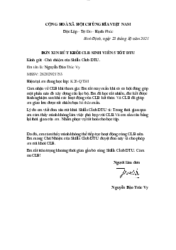 Đơn xin rút khỏi CLB sinh viên 5 tốt DTU