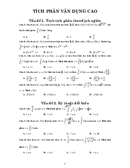 Bài tập trắc nghiệm tích phân và ứng dụng của tích phân vận dụng cao Toán 12
