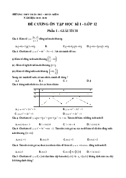 Đề cương ôn tập Toán 12 HKI năm 2019 – 2020 trường THPT Trần Phú – Hà Nội