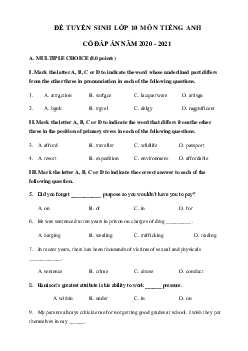 Đề thi tuyển sinh lớp 10 môn Anh số 9 năm 2020-2021