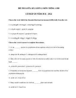 Đề thi giữa kì 2 lớp 12 môn tiếng Anh năm 2021 - 2022 số 2