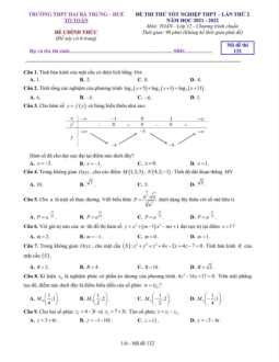 Đề thi thử Toán tốt nghiệp THPT 2022 lần 2 trường Hai Bà Trưng – TT Huế