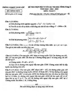 Đề HSG Toán 9 vòng 3 năm 2022 – 2023 phòng GD&ĐT Nghi Lộc – Nghệ An