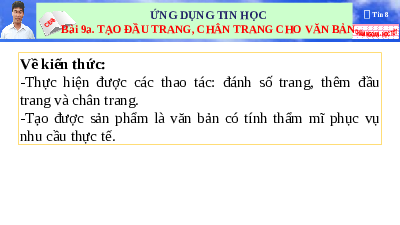 Giáo án điện tử Tin học 8 Bài 9a Kết nối tri thức: Tạo đầu trang, chân trang cho văn bản