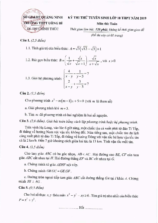 Đề thi thử tuyển sinh lớp 10 môn Toán năm 2019 trường THPT Uông Bí – Quảng Ninh