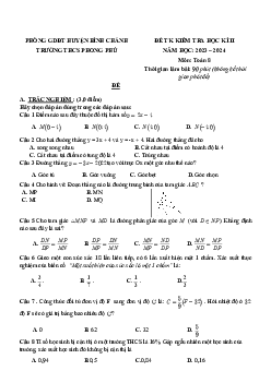 Đề tham khảo cuối kỳ 2 Toán 8 năm 2023 – 2024 phòng GD&ĐT Bình Chánh – TP HCM