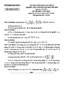 Đề tuyển sinh lớp 10 chuyên môn Toán (chuyên) năm 2022 – 2023 sở GD&ĐT Hà Giang
