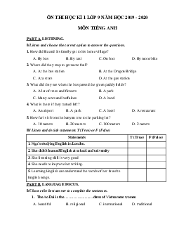 Đề kiểm tra tiếng Anh lớp 9 học kì 1 năm 2019 - 2020