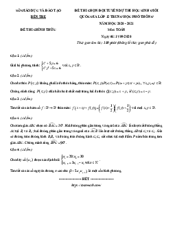 Đề chọn đội tuyển thi HSG Quốc gia Toán 12 năm 2020 – 2021 sở GD&ĐT Bến Tre
