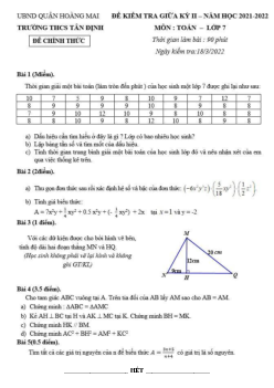 Đề kiểm tra giữa kì 2 Toán 7 năm 2021 – 2022 trường THCS Tân Định – Hà Nội
