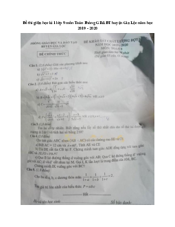 Đề thi giữa học kì 1 lớp 9 môn Toán Phòng GD&ĐT huyện Gia Lộc năm học 2019 - 2020