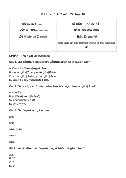 Đề thi học kì 2 môn Tin học 10 năm 2022 - 2023 sách Cánh diều | đề 1