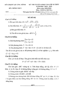Đề tuyển sinh lớp 10 môn Toán (chung) năm 2024 – 2025 sở GD&ĐT Quảng Bình