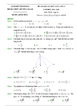 Đề thi HK1 Toán 12 năm 2019 – 2020 trường chuyên Lam Sơn – Thanh Hóa
