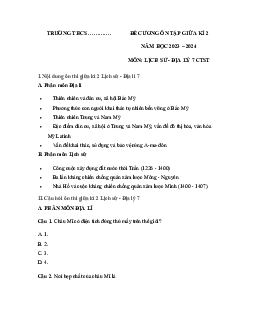 Đề cương ôn tập giữa học kì 2 môn Lịch sử - Địa lí 7 sách Chân trời sáng tạo