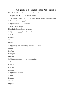 Ôn tập hè lớp 4 lên lớp 5 môn Anh - Đề số 5