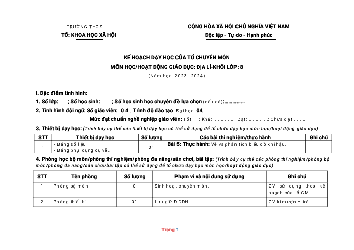 Phụ lục 1 Địa lí 8 Kết nối tri thức năm học 2023-2024