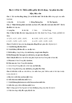 Câu hỏi trắc nghiệm Địa Lý 12 bài 11: Thiên nhiên phân hóa đa dạng (tiếp)