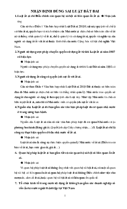 Câu hỏi ôn tập môn Luật đất đai dạng nhận định đúng sai có lời giải