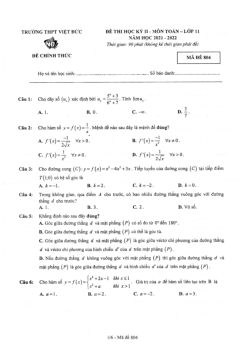 Đề thi học kỳ 2 Toán 11 năm 2021 – 2022 trường THPT Việt Đức – Hà Nội