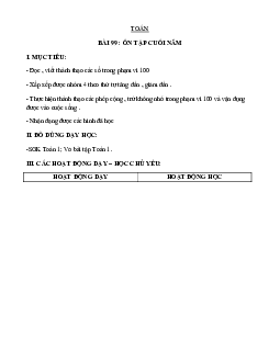 Giáo án môn Toán 1 - Tuần 34 | sách Vì sự bình đẳng và dân chủ trong giáo dục