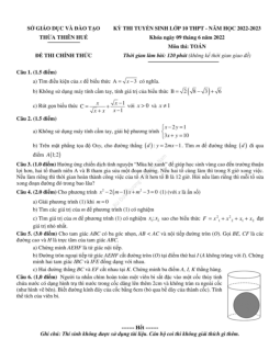 Đề tuyển sinh lớp 10 THPT môn Toán năm 2022 – 2023 sở GD&ĐT Thừa Thiên Huế