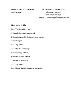 Đề thi giữa học kì 2 môn Công nghệ 7 năm 2023 - 2024 sách Cánh diều - Đề 4