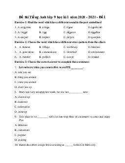 Đề thi Tiếng Anh lớp 9 học kì 1 năm 2020 - 2021 - Đề 1
