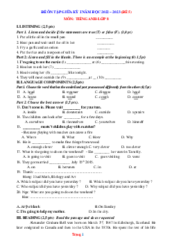 Đề ôn tập giữa học kì 1 môn Tiếng Anh 8 năm 2022-2023-Đề 5