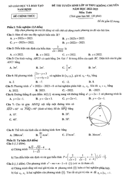 Đề tuyển sinh lớp 10 không chuyên môn Toán năm 2022 – 2023 sở GD&ĐT Nam Định